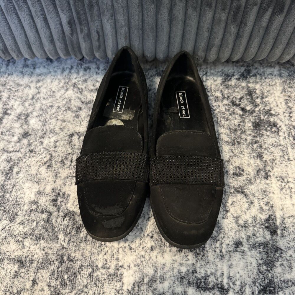 Black Rivet Claire US 6 studded loafers black rhinestone band